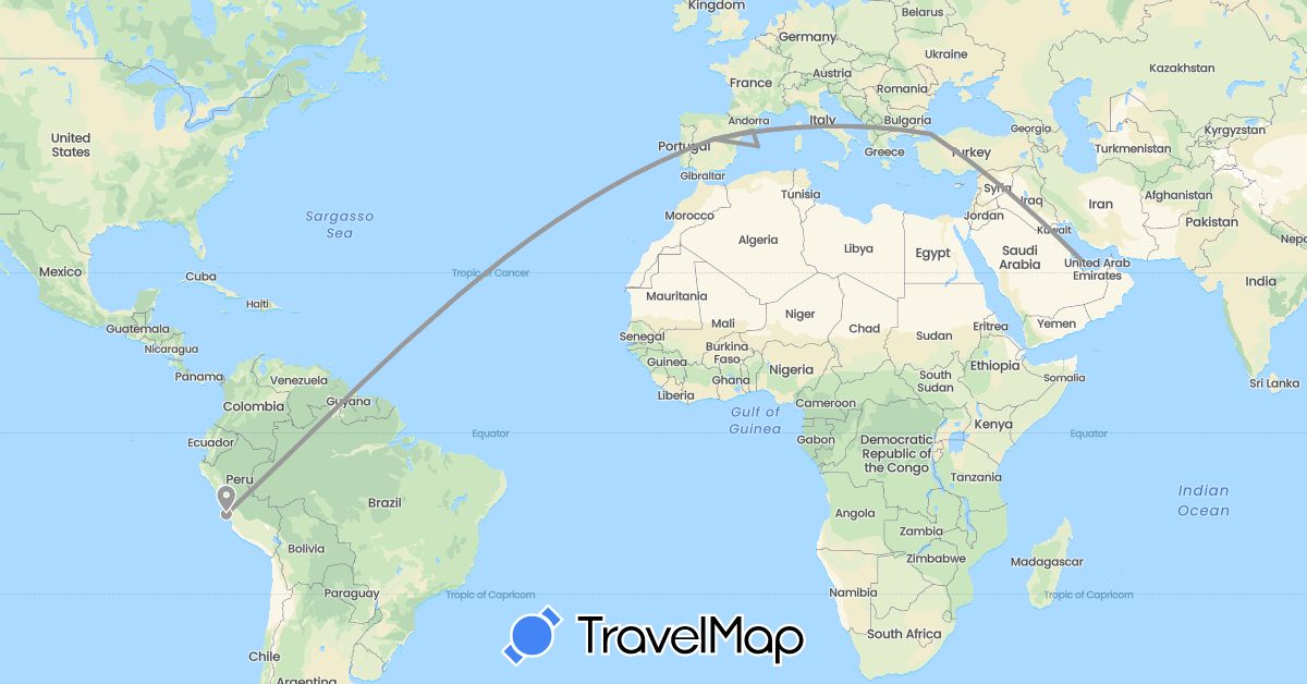 TravelMap itinerary: driving, plane in Spain, Peru, Qatar, Turkey (Asia, Europe, South America)